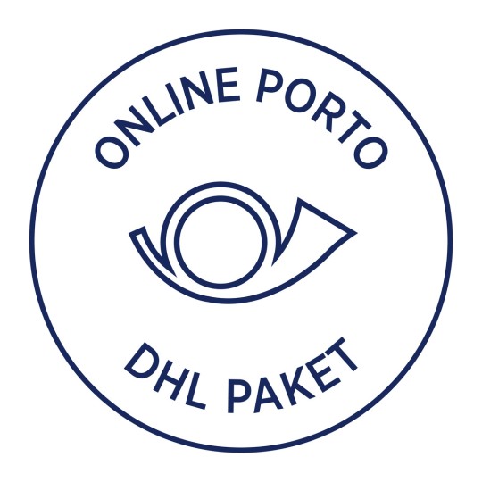 Obrázek zobrazuje kruhové logo nebo razítko s nápisem 'ONLINE PORTO' nahoře a 'DHL PAKET' dole, uprostřed s grafikou připomínající oko.