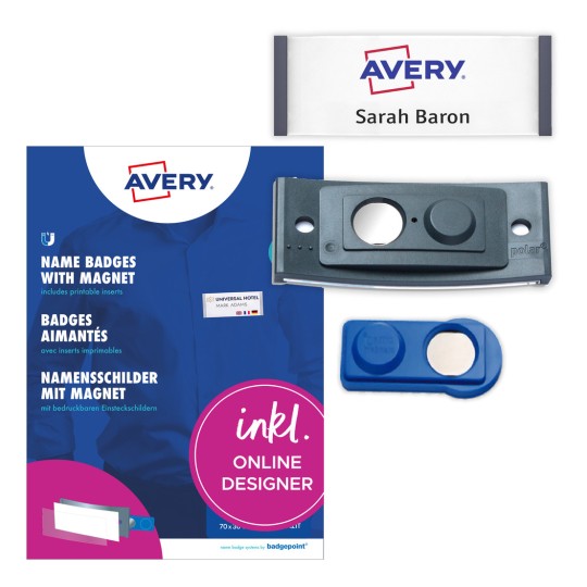 Obrázek balení s archy etiket: Avery Zweckform, produkt: POL30MA02-20DR, magnetické jmenovky, formát: 70 x 30 mm, vhodné pro tisk: barevný laser, černobílý laser, inkjet, obsah: 20 štítků / 90 vložených štítků / 5 aršíků, 18 karet/aršík.