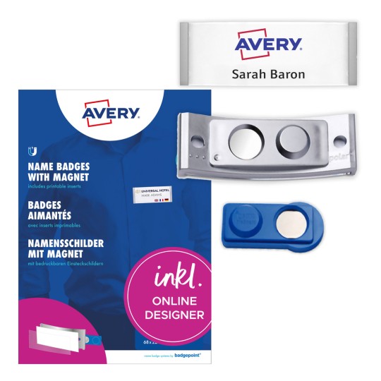 Obrázek balení se sadou etiket: Avery Zweckform, článek: POL30MA66-5DR, Magnetické jmenovky, formát: 70 x 30 mm, vhodné pro tisk: barevný laser, černobílý laser, inkoustová tiskárna, obsah: 5 jmenovek / 18 vložených štítků / 1 arch, 18 karet/arch?