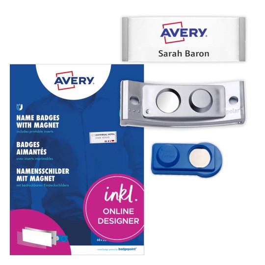 Obrázek balení s etiketovým archem: Avery Zweckform, Článek: POL35MA66-10DR, Magnetické jmenovky, Formát: 80 x 34 mm, Vhodnost pro tiskárnu: barevný laser, černobílý laser, inkoustová tiskárna, Obsah: 10 jmenovek / 32 vkládacích jmenovek / 2 archy, 16 karet/arch?