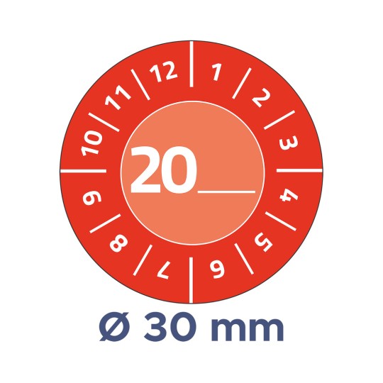 Obrázek obsahuje kruhový měřič s čísly od 1 do 12 kolem obvodu a centrální číslo 20, což označuje měření s průměrem 30 mm.