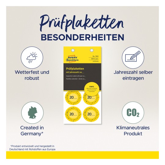 Obrázek zobrazuje produkt nazvaný 'Prüfplaketten' od Avery Zweckform, který obsahuje vodotěsné inspekční štítky s prostorem pro vyplnění roku, navržené v Německu. Produkt zdůrazňuje svou robustnost, klimatickou neutralitu a všestrannost.