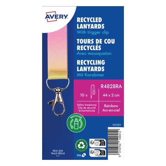 Obrázek recyklovaných šňůrek na krk od Avery, který zahrnuje spouštěcí klips, duhové barvy, balení po 10 kusech, bezpečnostní odtržení a logo recyklovaných materiálů.