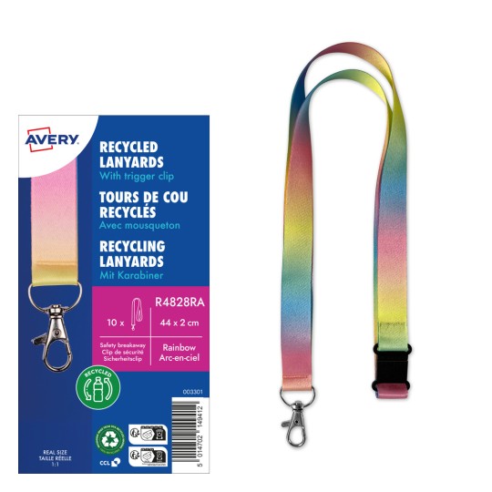 Obrázek ukazuje balení recyklovaných šňůrek na krk s duhovým gradientem a spouštěcí sponou. Obal zdůrazňuje jeho vlastnosti a specifikace.