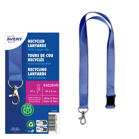 Obrázek zobrazuje balení recyklovaných šňůrek na krk od Avery s modro-bílým designem, spouštěcí karabinou a specifikacemi uvedenými na obalu.
