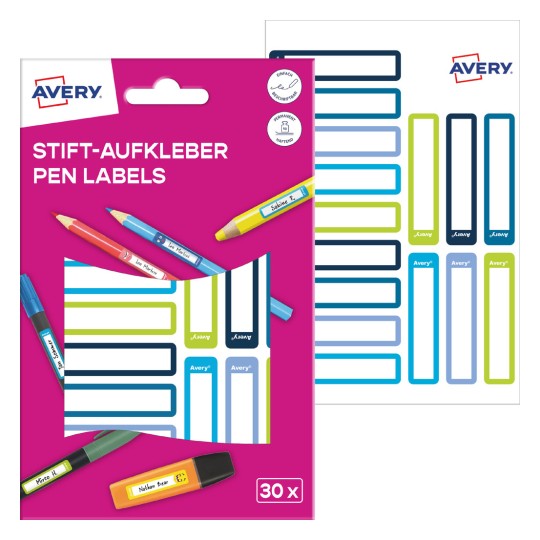Obrázek balení s etiketovým archu: Avery etikety pro značení tužek, artikl: RESMI30G, formát: 10 x 50 mm, obsah: 30 etiket / 2 archy, 15 etiket/arch?