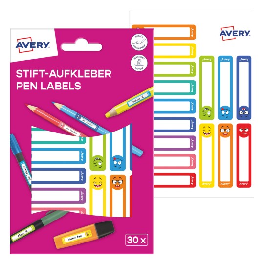 Obrázek balení s archem štítků: Avery štítky pro označování tužek, položka: RESMI30S, formát: 10 x 50 mm, obsah: 30 štítků / 2 archy, 15 štítků/arch.