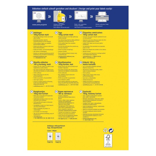 Obrázek zobrazuje vícejazyčnou brožuru pro produkty Avery, která uvádí specifikace a rady pro různé typy štítků a visaček, jako jsou tagy, manilské štítky a visačky, s důrazem na kvalitu tisku a materiály.