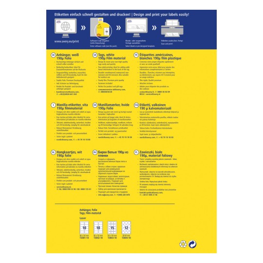Obrázek obsahuje informace o různých produktech se štítky, včetně visaček, fóliových materiálů a samolepicích štítků. Poskytuje popisy v několika jazycích a podrobnosti jako rozměry a dostupné šablony pro tisk.
