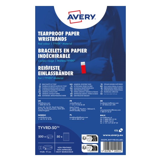 Produktové vyobrazení: Avery Zweckform, Článek: TYVRD-50, Vstupní pásky, 19 x 256 mm, Malé balení, 500 pásků / 50 archů
