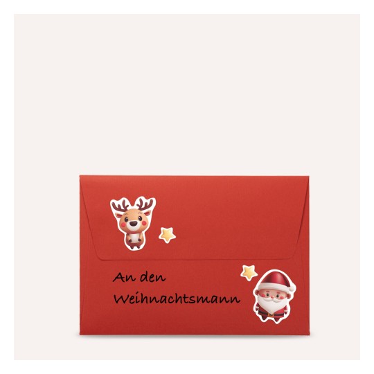 Obrázek zobrazuje červenou obálku ozdobenou sobem a nálepkou Santa Clause. Text na obálce zní 'An den Weihnachtsmann', což v angličtině znamená 'To Santa Claus'.