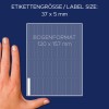 Obrázek ukazuje ruku vedle archu etiket s vyznačenými rozměry. Velikost etikety je 37 x 5 mm a velikost archu je 120 x 157 mm.