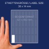 Obrázek zobrazuje ruku vedle listu s etiketami s velikostními specifikacemi. Etikety mají rozměr 38 x 14 mm a rozměry listu jsou 127 x 160 mm.