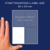 Obrázek zobrazuje arch štítků s uvedenými rozměry, včetně ruky pro měřítko. Velikost štítku je 80 x 54 mm a celková velikost archu je 120 x 162 mm.