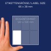 Obrázek zobrazuje ruku vedle diagramu rozměrů štítku, který udává rozměry 66 x 38 mm a formát archu 120 x 134 mm.