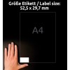 Obrázek zobrazuje ruku vedle označení rozměru štítku 52,5 x 29,7 mm, což se vztahuje na papír formátu A4 a specifikace etiket.