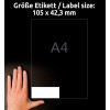 Velikostní srovnání s rukou, článek: 3653-200, jeden arch univerzálních etiket, formát: 105 x 42,3 mm, barva: bílá.