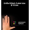 Obrázek zobrazuje ruku se světlými nehty na černém pozadí, označený německy a anglicky jako 'Label size: Ø 10 mm'. Jsou tam barevné tečky a text 'permanent haftend'.