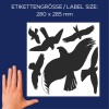 Obrázek zobrazuje siluety různých ptáků v letu na tmavě modrém pozadí. Text uvádí velikost etikety jako 280 x 285 mm, s lidskou rukou zobrazenou pro poskytnutí měřítka.