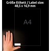 Velikostní srovnání s rukou, Článek: 4785, jeden arch univerzálních etiket, formát: 48,5 x 16,9 mm, barva: bílá.