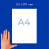 Ruka vedle bílého listu A4 na modrém pozadí s rozměry 210 × 297 mm?