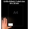Obrázek ukazuje ruku umístěnou vedle listu formátu A4 označující velikost štítku 64 x 36 mm. Pozadí je černé a text je zobrazen bílou barvou nad obrázkem.
