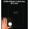 Obrázek ukazuje ruku vedle průhledného papíru s nálepkou o průměru 51 mm a uvedenou velikostí papíru A4.