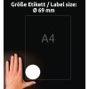 Obrázek zobrazuje ruku umístěnou vedle bílého kruhu a obrys velikosti A4 s textem uvádějícím velikost štítku Ø 69 mm.