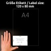 Obrázek ukazuje ruku vedle listu formátu A4, která označuje velikost štítku 120 x 80 mm, s pokyny pro umístění štítku na list.