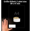Obrázek zobrazuje ruku vedle listu formátu A4, který ukazuje roli štítků a rozměry štítku 89 x 41 mm.
