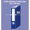 Obrázek zobrazuje diagram velikosti štítku, který udává rozměry 30 x 190 mm pro pořadač. Štítek je umístěn na hřbetu pořadače.