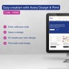 Obrázek zobrazuje propagační grafiku pro Avery Design & Print. Obsahuje pokyny pro používání softwaru, které zahrnují zadání kódu, výběr návrhu, vytvoření vlastního návrhu a tisk s použitím hromadné korespondence.