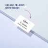 Obrázek zobrazuje samolepicí jmenovky od firmy Avery, které udávají počet 200 a zobrazují vzorovou jmenovku se jménem 'E. Smith' a titulem 'Product Manager'.