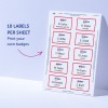 Obrázek zobrazuje list s tisknutelnými jmenovkami, které mají označení pro různé role jako Marketingový ředitel, Inženýr, Sociální média, Produktový manažer a další. Design zahrnuje firemní logo a pokyny pro tisk.