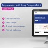 Obrázek zobrazuje obrazovku počítače s rozhraním softwaru Avery Design & Print a kroky pro snadné vytváření návrhů. Obsahuje softwarový kód "POL20" a zdůrazňuje čtyři hlavní akce: zadání kódu, výběr nebo vytvoření návrhu a tisk s funkcí slučování pošty.