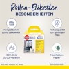 Obrázek zobrazuje balení roliček etiket Avery, které zdůrazňují vlastnosti jako kompatibilitu s Dymo Labelwriter, záruku vrácení peněz, značkovou kvalitu za nízkou cenu a udržitelný papír.