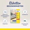 Obrázek představuje produkt pro etikety od Avery Zweckform, zdůrazňující vlastnosti jako voděodolnost, odolnost proti odlupování a šetrnost k životnímu prostředí. Zmiňuje také použití návrhového nástroje pro přizpůsobení.