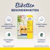 Obrázek obsahuje produktovou reklamu na odnímatelné štítky od Avery Zweckform, která zdůrazňuje vlastnosti jako snadnost návrhu, znovupoužitelnost, udržitelnost papíru a skutečnost, že je vyrobeno v Německu.