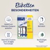 Obrázek zobrazuje balení etiket na spisy značky Avery Zweckform 'ultragrip'. Zdůrazňuje vlastnosti jako snadný návrh s tvůrcem etiket, 100% neprůhlednost a udržitelný papír. Design obsahuje ikony označující tiskovou technologii a ekologickou odpovědnost.