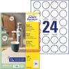 Obrázek balení s listem etiket: Avery Zweckform kulaté etikety, artikel: L3415-100, formát: ⌀ 40 mm, vhodnost pro tiskárny: inkoustová, černobílý laser, barevný laser, obsah: 2.400 etiket / 100 listů, 24 etiket/list.