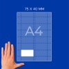 Ruka vedle diagramu listu A4 s mřížkou, bílým obdélníkem a označením „75 × 40 mm“?