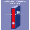 Obrázek zobrazuje štítek o velikosti 38 x 297 mm spolu s vizuálním znázorněním vazby s červeným hřbetem a modrým obalem.