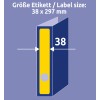 Obrázek zobrazuje specifikaci velikosti štítku s rozměry 38 x 297 mm s vyznačeným žlutým štítkem a modrým pozadím.