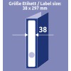 Obrázek zobrazuje štítek o rozměrech 38 x 297 mm uvedený vedle obrysu složky, což ilustruje, jak štítek sedí na hřbetu složky.