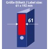 Obrázek zobrazuje grafiku s velikostí štítku 61 x 192 mm na struktuře připomínající složku, s červenou oblastí štítku označující výšku a měřením uvedeným jako 61.?