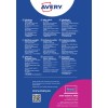 Obrázek obsahuje informace o samolepicích jmenovkách od Avery. Zahrnuje popisy v několika jazycích a tipy pro optimální tisk a skladování. Poskytnuty jsou kontaktní informace pro zákaznický servis a QR kód směřující na jejich webové stránky.