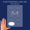 Obrázek zobrazuje arch etiket označený rukou pro referenci velikosti. Ukazuje velikost etikety 85 x 50 mm a uvádí formát papíru A4.