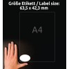 Obrázek zobrazuje ruku umístěnou vedle štítku s rozměry, které udávají velikost štítku 63,5 x 42,3 mm, spolu s referencí na formát A4. Pozadí je černé.