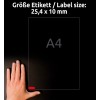Obrázek zobrazuje ruku vedle označené oblasti ukazující velikost papíru A4. Uvedená velikost štítku je 25,4 x 10 mm.