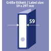 Obrázek zobrazuje štítek o rozměrech 59 x 297 mm, znázorněný spolu s grafikou pořadače. Míra '59' je zvýrazněna vlevo a označuje šířku štítku.
